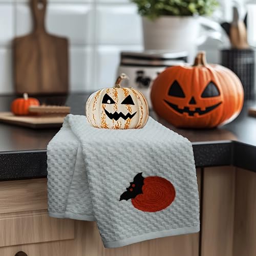 COTTON CRAFT Halloween Kitchen Towel -100% Cotton 4 Pack Waffle Terry Towel | Spooky Skull Web Bats Jack O'Lantern Embroidered Terry Kitchen Hand Towel Set -16x28 Soft Absorbent Dish Towel Cleaning Cloth - color: Black, size: 4 Pack