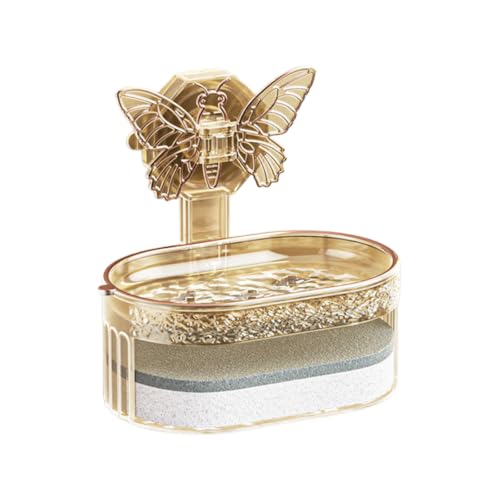 No Drill Wall Mount Soap Dish with Butterfly Decor Suction Cup Double Layer Drainage Soap Holder with Sponge Wipe Transparent Plastic Soap Caddy for Bathroom Shower Sink Vanity (Gold) - color: Gold