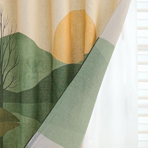 Lake Scenery Linen Boho Shower Curtain Set with Liner,72" Wx72 L | Double Layer Shower Curtain Waterproof Fabric with Zippered Removable PEVA Liner,Boho Shower Curtain for Bathroom,Free Hooks - color: Sunset Landscape