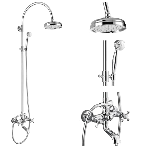 gotonovo Exposed Shower Faucet Set with Tub Spout Polished Chrome | Brass Bathroom Shower System,8 Inch Rainfall Head with Handheld Spray and Tub Filler,Adjustable Height,6’’ Hole Distance - color: Chrome