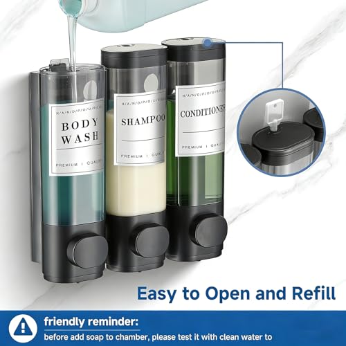 Shower Soap Dispenser Wall Mounted No Drill Shampoo Dispenser for Shower Wall Shampoo and Conditioner Dispenser Bathroom Hotel 3 * 300ml Black with Labels - color: Black 3