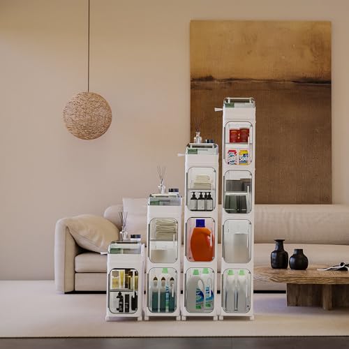 BINSIO 5-Tier Tall Narrow Storage Cabinet, Slim Rolling Storage Cabinet with Clear Doors, Adjustable Shelves, Foldable Organizer for Laundry Room, Kitchen Pantry, Utility Room and Small Spaces - size: 5 Tiers