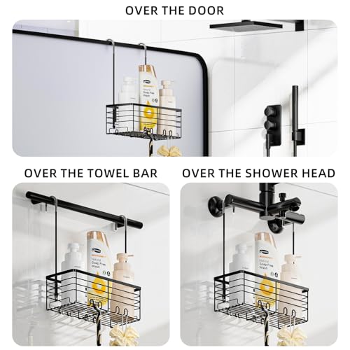 SHANSHUI Shower Hanging Caddy, Bathroom Shower Organizer Basket, Shampoo Bracket Over Door Rack with Hooks, 304 Stainless Steel - size: 11.1"D x 4.7"W x 13.6"H