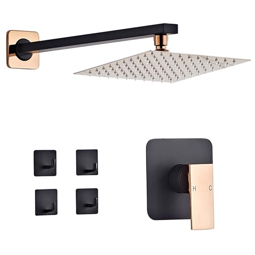 Shower Faucet Set Bathroom Matte Black and Rose Gold Rainfall Shower System Wall Mount with 8 Inch Square Shower Head, Single Function Shower Trim Kit with Rough-in Valve - color: Matte Black+Rose Gold, style: 8 Inch without Handheld Sprayer