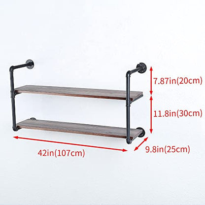 Industrial Pipe Shelves With Wood Planks,Rustic Pipe Shelving Wall Shelf | Metal Pipe Solid Pine Wood,Easy to Assemble,Wooden Board Thickness 0.78 In,For Bar Farmhouse Kitchen Office Bathroom,Bedroom - color: 2-layer, size: 42in
