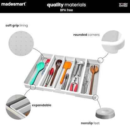 madesmart Expandable Utensil Tray-White | Classic Collection | 5-Compartments | Kitchen Organizer | Soft-Grip Lining and Non-Slip Rubber Feet | Easy to Clean | BPA-Free