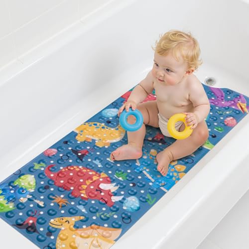 Topotdor Baby Bath Mat, Cartoon Bath Mat for Tub Non Slip Kids, 40x16 Inch Extra Long Toddler Bathtub Mat with Drain Holes & Suction Cups, Machine Washable Anti-Slip Shower Mat, Dinosaur - color: Dinosaur