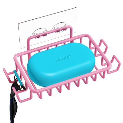 Nieifi Bar Soap Holder for Shower Wall with 4 Hooks, Stainless Steel Adhesive Soap Dish for Bathroom, Pink - color: Pink, size: 1 Pack