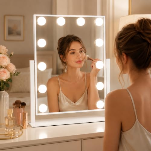 FENNIO Lighted Vanity Mirror, 13" x 16", 12 LED Bulbs, White | Vertical 12-light makeup mirror with 360° rotation, compact size, and a clean white vanity look. - size: 13"L x 17"W