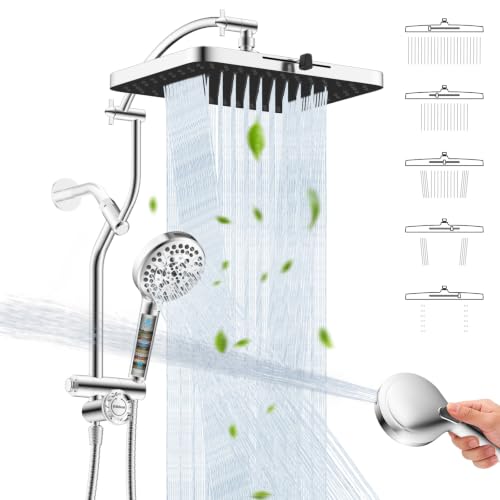 Hibbent 13'' Rain Showerhead Combo, 10 Mode Filtered Handheld Spray, Chrome | High Pressure 5-Spray Showerhead, 4-way Diverter, Upgraded Heightened All Metal Extension Arm, 71'' Hose & Holder, Easy Reach - color: Chrome, style: Square 13" with 1 filter
