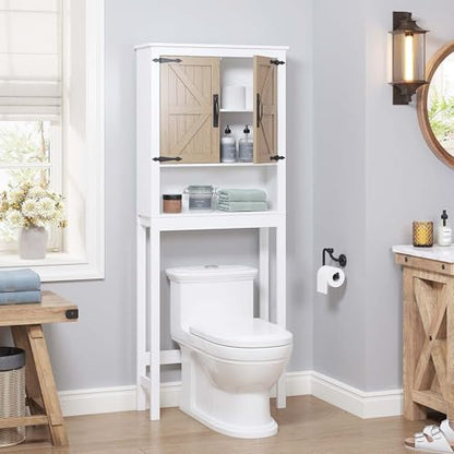 Spirich Over the Toilet Storage Cabinet with Wood-Grain Barn Doors, White | Adjustable Shelves, 33-Inch Toilet Clearance, Adjustable Bottom Rail, Anti-Tip Device, Farmhouse Style, FSC-Certified Wood