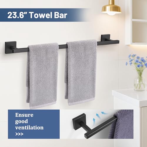 TURS 5-Pieces Matte Black Bathroom Hardware Accessories Set 23.6" Towel Bar Set Wall Mounted Square Toilet Paper Holder with Shelf Stainless Steel - color: Matte Black