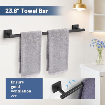 TURS 5-Pieces Matte Black Bathroom Hardware Accessories Set 23.6" Towel Bar Set Wall Mounted Square Toilet Paper Holder with Shelf Stainless Steel - color: Matte Black