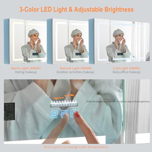 VINGLI LED Lighted Medicine Cabinet with Intelligent Mirror, Bluetooth Speaker, Weather & Temp Display, Anti-Fog, Built-in Outlet & USB, Large 3-Door Bathroom Mirror Cabinet,48 Inch, Need Assembly - size: 6"D x 48"W x 28"H