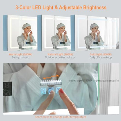 VINGLI LED Lighted Medicine Cabinet with Intelligent Mirror, Bluetooth Speaker, Weather & Temp Display, Anti-Fog, Built-in Outlet & USB, Large 3-Door Bathroom Mirror Cabinet,48 Inch, Need Assembly - size: 6"D x 48"W x 28"H