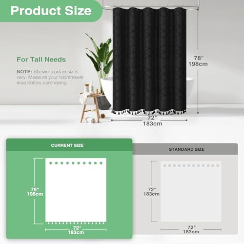 Long Shower Curtain and Liner Set - 78 inch Tall Boho Shower Curtain and Waterproof Clear Liner, Tufted Geometric Striped Textured Tassel Shower Curtains for Bathroom, 12 Hooks, 72x78, Black - color: Black, size: 72"W x 78"L (Pack of 1)