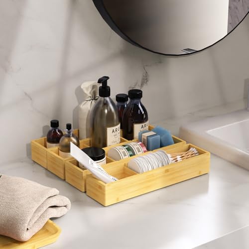 DUJEN 4 Packs Bamboo Drawer Organizer 2 pieces 12.6 * 6inches and 2 pieces 12.6 * 3.2inches, Adjustable 3 Individual Junk Drawer organizer for Bathroom and Kitchen - size: 4 pieces 12.5X3.1