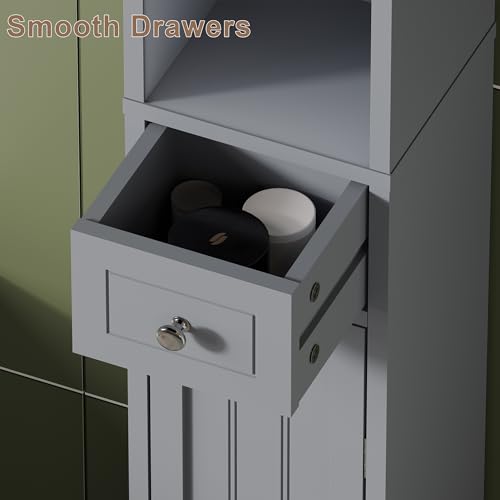 ChooChoo Narrow Bathroom Storage Cabinet with Adjustable Shelves and Drawer | Tall Slim Storage Cabinet, Freestanding Cupboard for Small Spaces, Grey