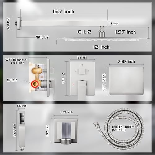 12 Inch Rainfall Shower System with Tub Spout Wall Mounted Complete Combo with Solid Brass Pressure Balancing Valve, High Pressure Shower Head, Handle Set & Installation Accessories - color: Brushed Nickel