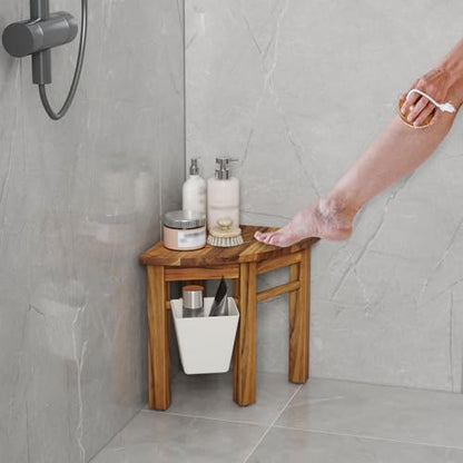 Kiasthome Teak Corner Shower Bench, Waterproof Bathroom Teak Shower Bench, Sturdy Non-Slip Bath Shower Foot Stool for Shaving Legs with Storage Basket - size: Small