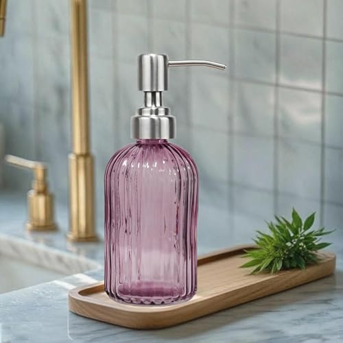 14Oz Purple Glass Soap Dispenser Bathroom, Stainless Steel Pump, Stripe | Clear Glass Liquid Hand Soap Dispensers, Refillable Dish Soap Dispenser for Kitchen, Countertop Soap Dispensers - color: Purple
