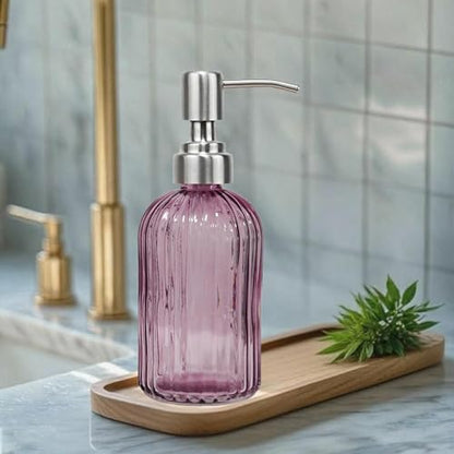 14Oz Purple Glass Soap Dispenser Bathroom, Stainless Steel Pump, Stripe | Clear Glass Liquid Hand Soap Dispensers, Refillable Dish Soap Dispenser for Kitchen, Countertop Soap Dispensers - color: Purple