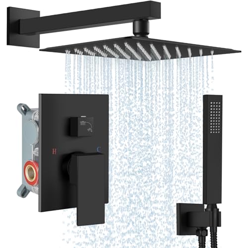 Midanya Shower Faucet Set with Handheld Sprayer,10 Inch,Matte Black | Rough-in Shower Valve and Trim Kit Included,Square Rain Head,Wall Mount Shower System,All Metal,Bathroom - color: Black, size: 10 Inch