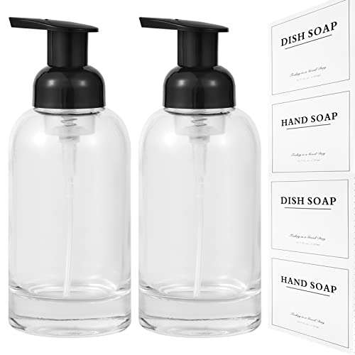 2 Pack Foaming Soap Dispenser, 12.7 Oz Thick Glass Pump, Clear Black | Refillable Foam Soap Bottles for Hand Soap and Body Wash, Ideal for Bathroom Countertop, Kitchen Sink and More - color: Clear