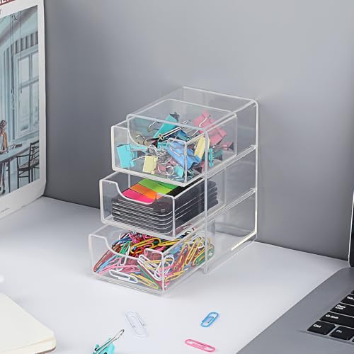 Hipiwe Clear Acrylic Drawer Organizer Bathroom Qtip Holder with 3 Drawers | Clear Desk Drawers Box for Cotton Pad, Cotton Swabs, Makeup Storage Drawer Bathroom Counter Organizer for Home Office