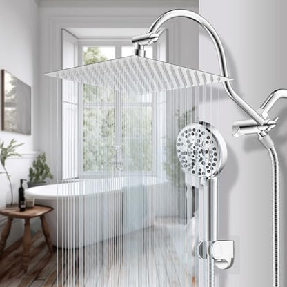 Hibbent 12'' All Metal CUPC Certified Shower Head, High Pressure Rainfall Shower Head, Handheld Showerhead Combo, 12'' Adjustable Shower Extension Arm, 10-Spray, 71'' Hose, Showerhead Holder, Chrome - color: Chrome, style: Square 12''