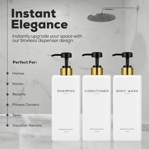 White Shampoo and Conditioner Dispenser Set by Brighter Barns - Refillable Shampoo and Conditioner Bottles - Reusable Shower Soap Dispenser in Hotel, Gold Bathroom, Guest House, Modern Airbnb (White) - color: White