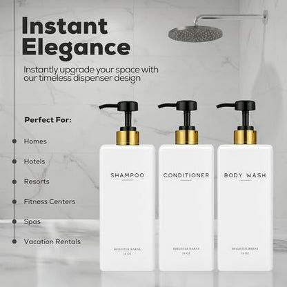 White Shampoo and Conditioner Dispenser Set by Brighter Barns - Refillable Shampoo and Conditioner Bottles - Reusable Shower Soap Dispenser in Hotel, Gold Bathroom, Guest House, Modern Airbnb (White) - color: White