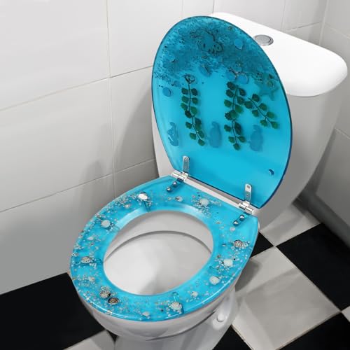 Resin Toilet Seat, Toilet Seat Elongated with 6 Anti Slip Bumper 220 Pounds Bearing Soft Close Toilets Seats for U-Shaped V-Shaped and O-Shapeds Toilets - Ocean Style