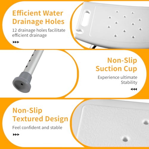 Shower Chair for Inside Shower, 400 lbs Heavy Duty Shower Stool with 12 Drainage Holes & Suction Feet, Adjustable Bath Chair with Back, Shower Seat for Elderly, Disabled, Pregnant - White