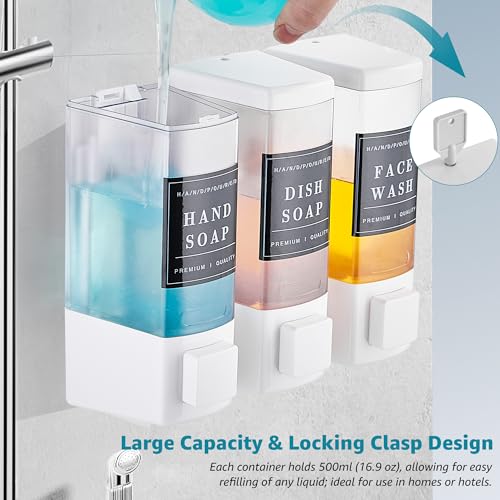 Shampoo and Conditioner Dispenser for Shower, 3 Chamber, White | Wall Mounted, No Drill, 3×16.9oz, ABS Plastic Material, Refillable With Labels, For Bathroom Hotel - color: Dm35-white