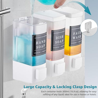 Shampoo and Conditioner Dispenser for Shower, 3 Chamber, White | Wall Mounted, No Drill, 3×16.9oz, ABS Plastic Material, Refillable With Labels, For Bathroom Hotel - color: Dm35-white