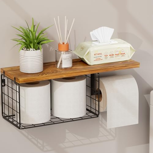 VITVITI Toilet Paper Holder with Shelf, Wall Mounted Storage Basket, Brown | Farmhouse Wall Mount Toilet Paper Holder Shelves, Wood Metal Toilet Roll Wipes Holder for Bathroom - color: Brown
