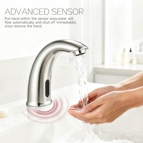 Touchless Bathroom Sink Faucet Automatic Motion Sensor Hands Free Fauce | Brushed nickel, with hole cover plate temperature mixer, commercial solid brass faucet, AC/DC powered, 1 hole or 3 hole - color: Brushed Nickel