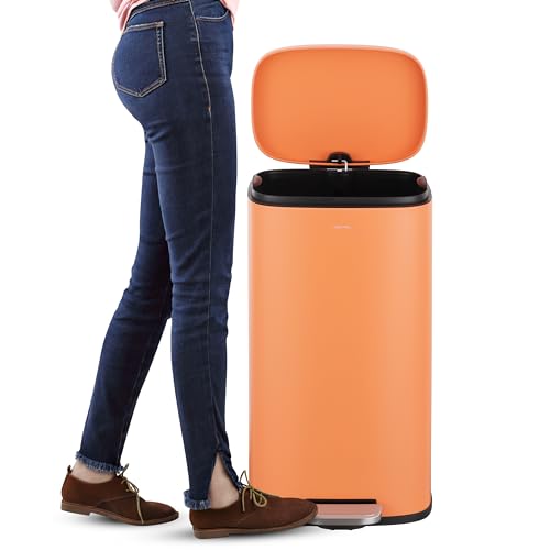 happimess Curtis 8 Gal Step Trash Can Soft Close 25", Carrot Cake | Iron Construction, Satin Finish, Removable Liner, Steel Pedal, 20 Trash Bags Included, Kitchen Office Bin - color: Carrot Cake