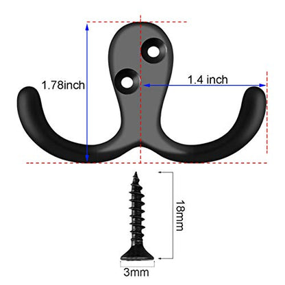 IBosins 20 Pack Black Double Prong Coat Hooks Wall Mounted with 40 Screws | Heavy Duty Retro Double Utility Hooks for Coat, Scarf, Bag, Towel, Key, Cap, Cup, Hat - color: 20 Pcs Black