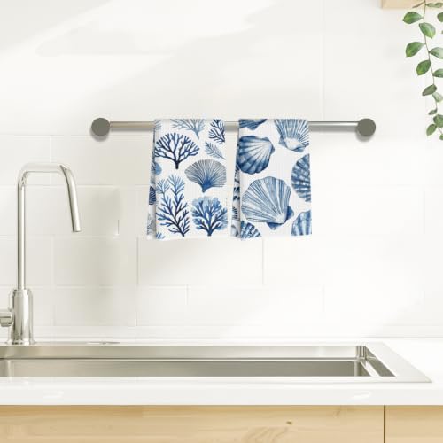 2 Pcs Coastal Beach Waffle Kitchen Towel Soft Absorbent Hand Tea Towels - color: Multi 1571