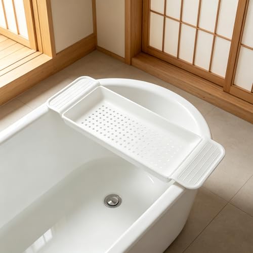 Kisangel Expandable Bathtub Tray and Multihole Drainage Design Gift for Housewarmings with Antislip Foot Pads Plastic Bath Tub Shelf Organizer for Book, Towel, and Drink Holder