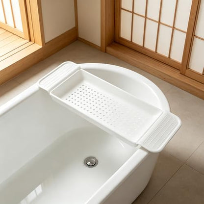 Kisangel Expandable Bathtub Tray and Multihole Drainage Design Gift for Housewarmings with Antislip Foot Pads Plastic Bath Tub Shelf Organizer for Book, Towel, and Drink Holder