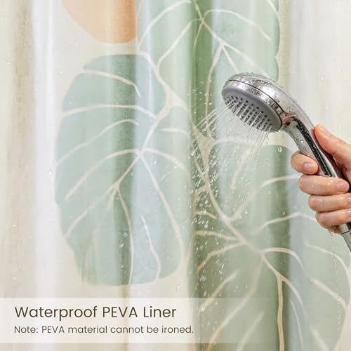 Monstera deliciosa Linen Shower Curtain Set with Liner,72" Wx72 L | Double Layer Shower Curtain Waterproof Fabric with Zippered Removable PEVA Liner,Boho Shower Curtain for Bathroom,Free Hooks - color: Pink Monstera
