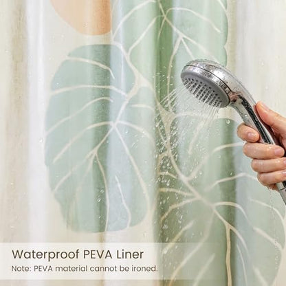 Monstera deliciosa Linen Shower Curtain Set with Liner,72" Wx72 L | Double Layer Shower Curtain Waterproof Fabric with Zippered Removable PEVA Liner,Boho Shower Curtain for Bathroom,Free Hooks - color: Pink Monstera