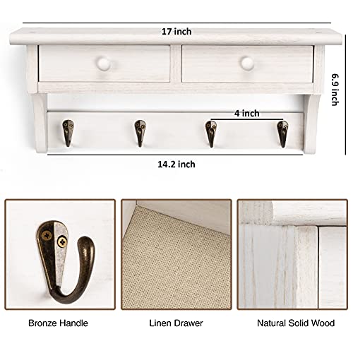 Emfogo Coat Hooks Wall Mounted, Rustic Wood Coat Rack Wall Mount Shelf with Hooks, Farmhouse Wall Coat Rack with Shelf & Coat Hook for Entryway, Mudroom, Bedroom, Kitchen, Bathroom (White) - color: White