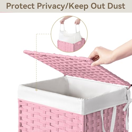 Chrislley Wicker Laundry Basket with Wheels,Rolling Laundry Hamper with Lid | 90L Slim Clothes Hamper with Wheels & Removable Liner Bag, Handwoven Rattan Laundry Organizer for Bedroom, Bathroom, Pink - color: Pink