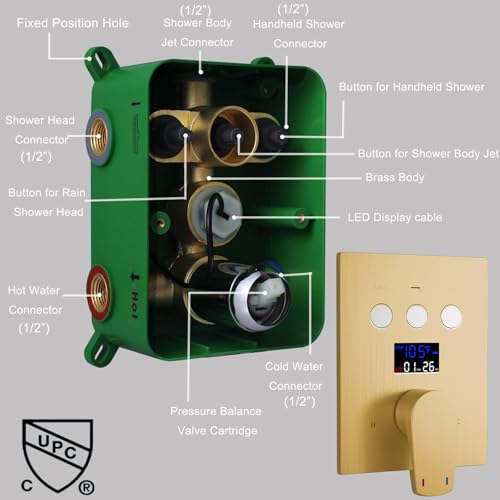 Temperature Display Rain Mixer Shower Faucet Set with 6 pcs Body Jets 12 inch Square Rainfall Shower Head with Handheld Spray Wall Mounted Rough-in Valve and Trim Included,Brushed Gold - color: Brushed Gold