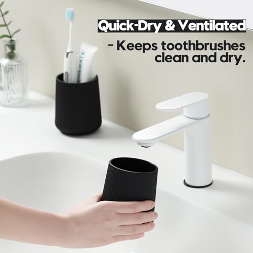 YAUKPH Black Striped Toothbrush Holder | for Electric Toothbrushes Bathroom Organizer Cup for Toothpaste Kids & Adults - color: Black Ribbed