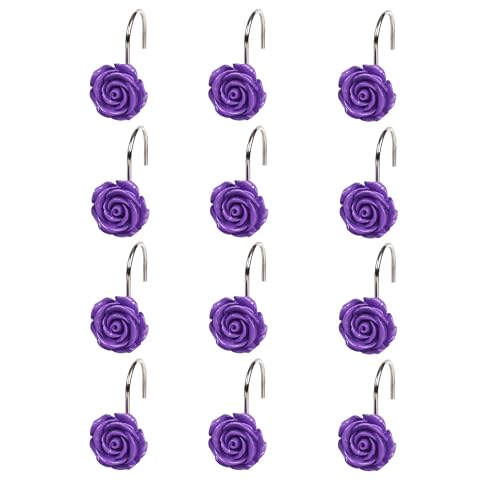 Twofish Home Purple Rose Flower Shower Curtain Hooks Anti Rust Shower Curtain Hooks Decorative Resin Purple Rose Flower Shower Curtain Rings Set of 12 - color: Purple Rose